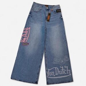 Von Dutch Women's Wide Leg Jeans Embroidered Logo Y2K New